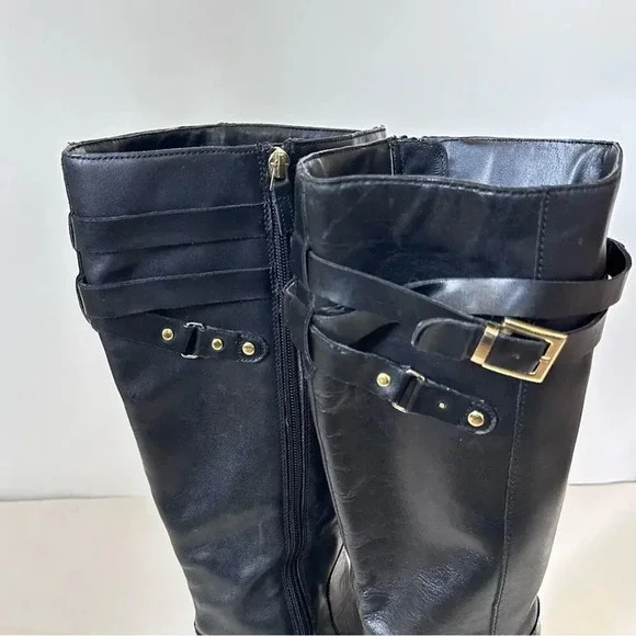 Franco Sarto Celeste Leather Knee High Boots Womens Size 6 M-W/C Black Gold - Picture 4 of 12